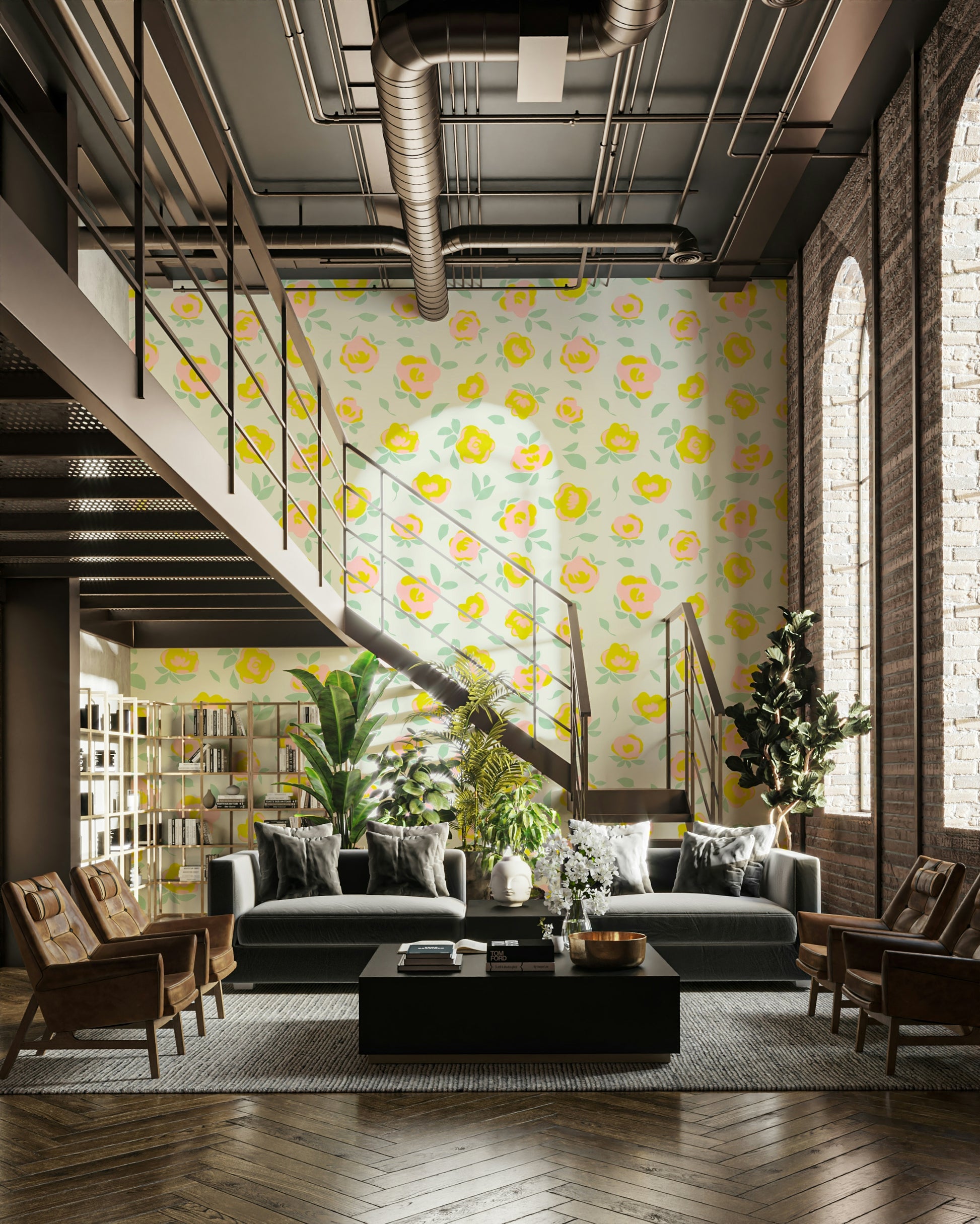 Yellow flower wallpaper with soft greenery

