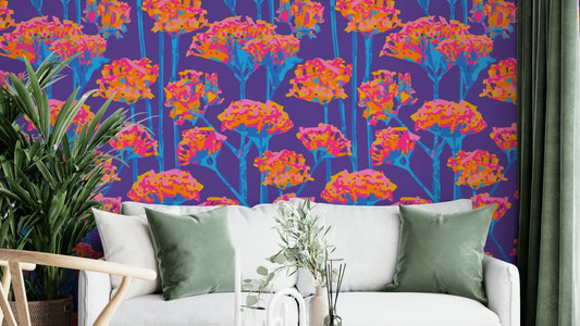A wall mural of a peaceful floral pattern.

