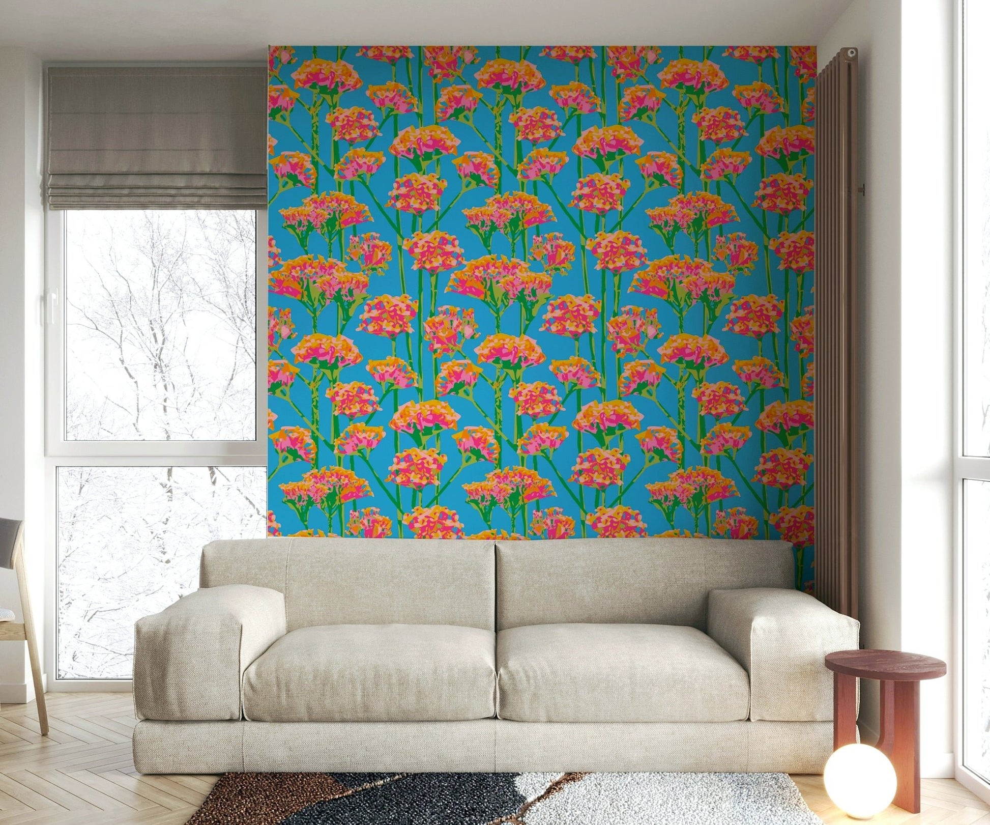 A wall mural of a peaceful floral pattern.

