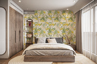 Exotic Aviary wallpaper mural with vibrant cockatoo illustrations.
