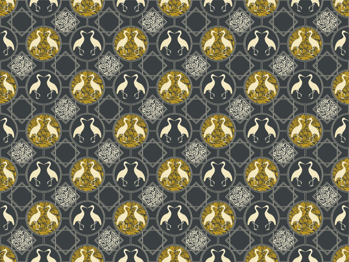 Art Deco White Heron Charcoal Wallpaper in your room