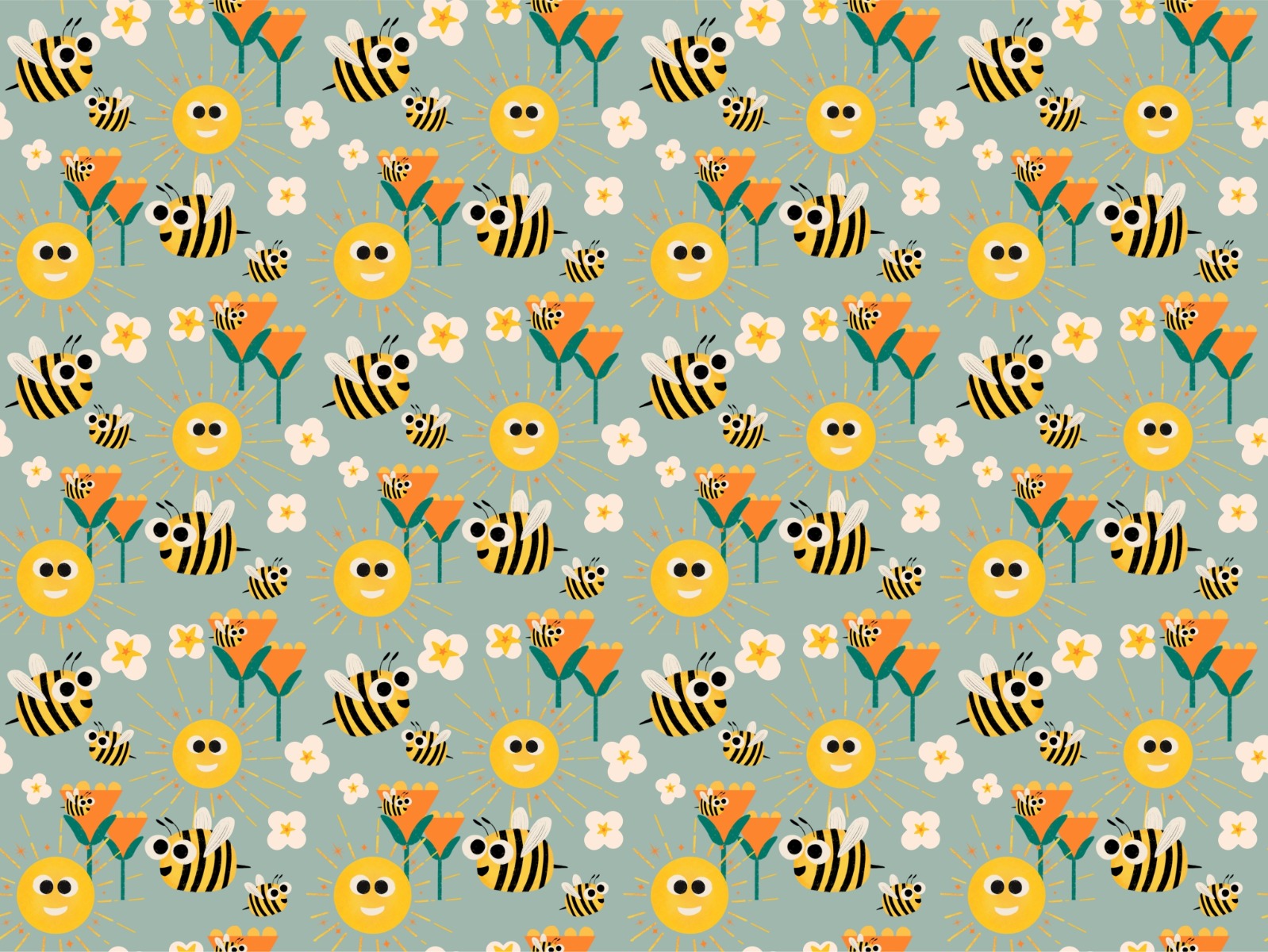 Happy Bees and Sunshine Blue Cadet Wallpaper