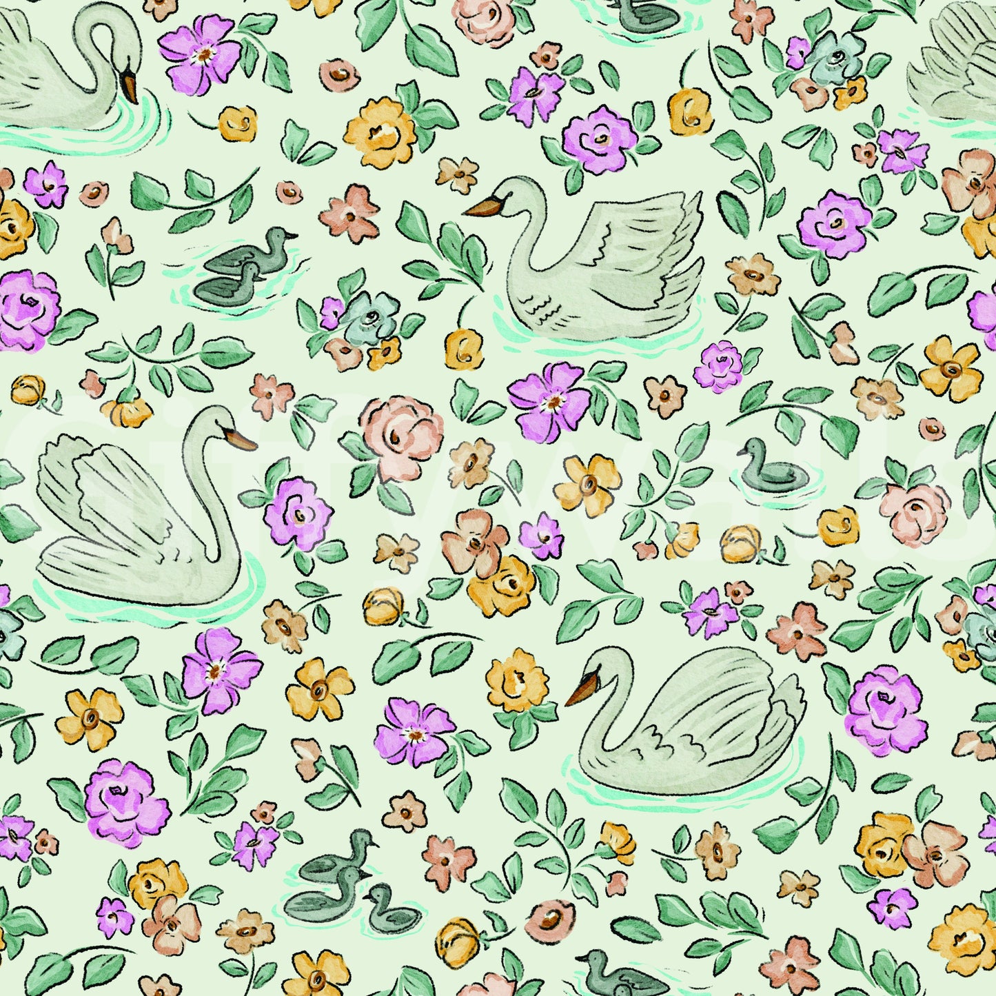 Blooming lake wallpaper with graceful swans

