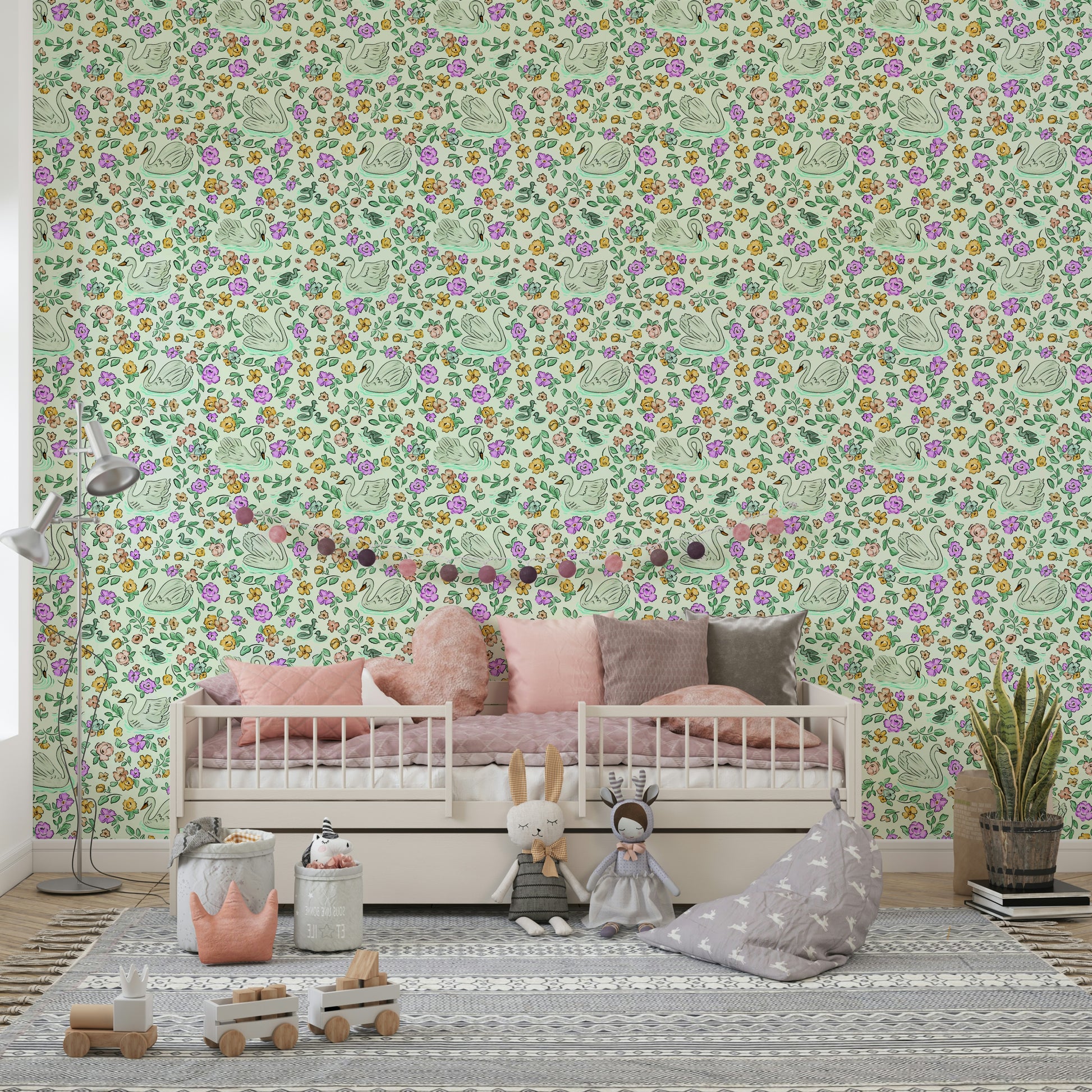 Graceful swan and flower print wallpaper for walls

