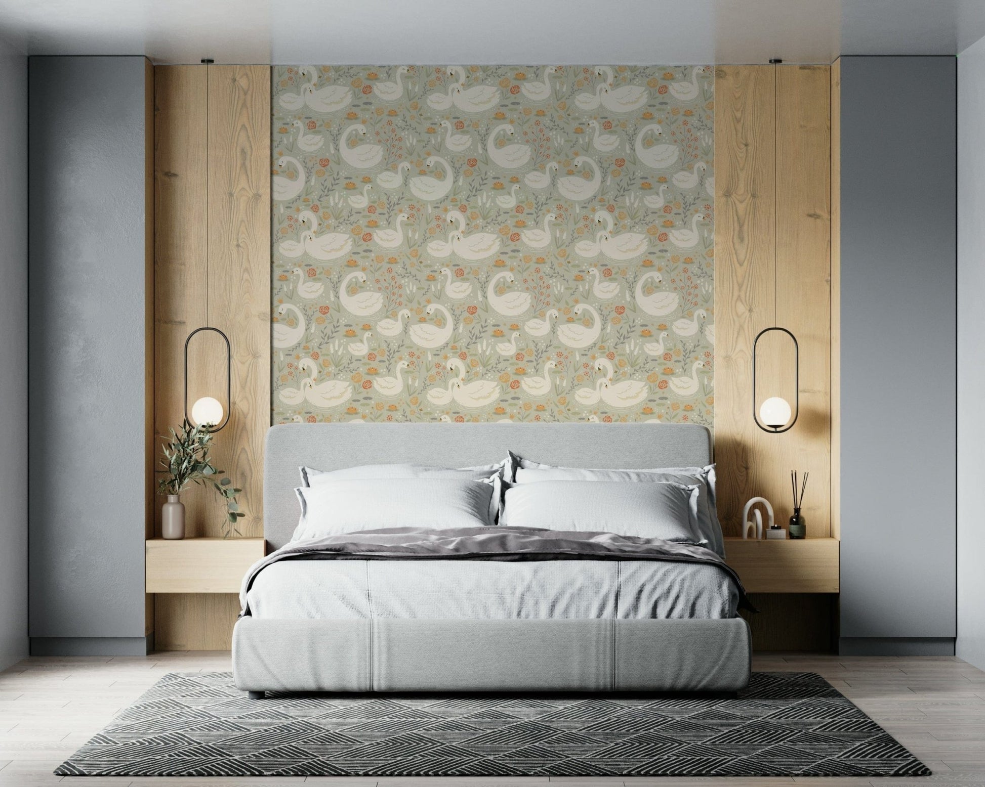 Soft, dreamlike swan illustration set against a peaceful lakeside backdrop.