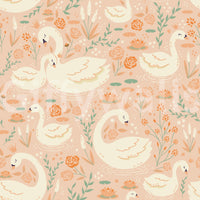Botanical swan scene featuring soft petals, calm waters, and elegant birds.