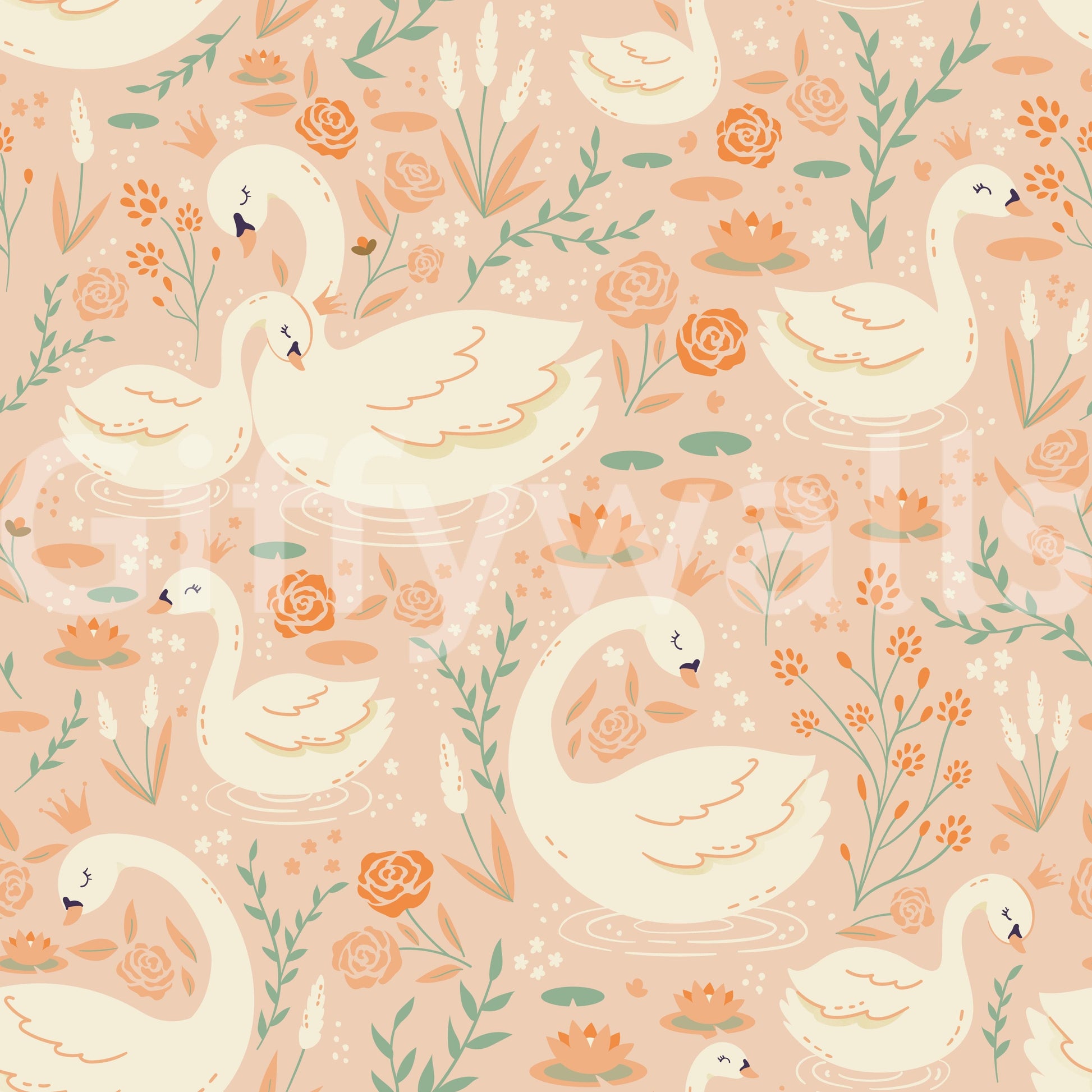 Botanical swan scene featuring soft petals, calm waters, and elegant birds.