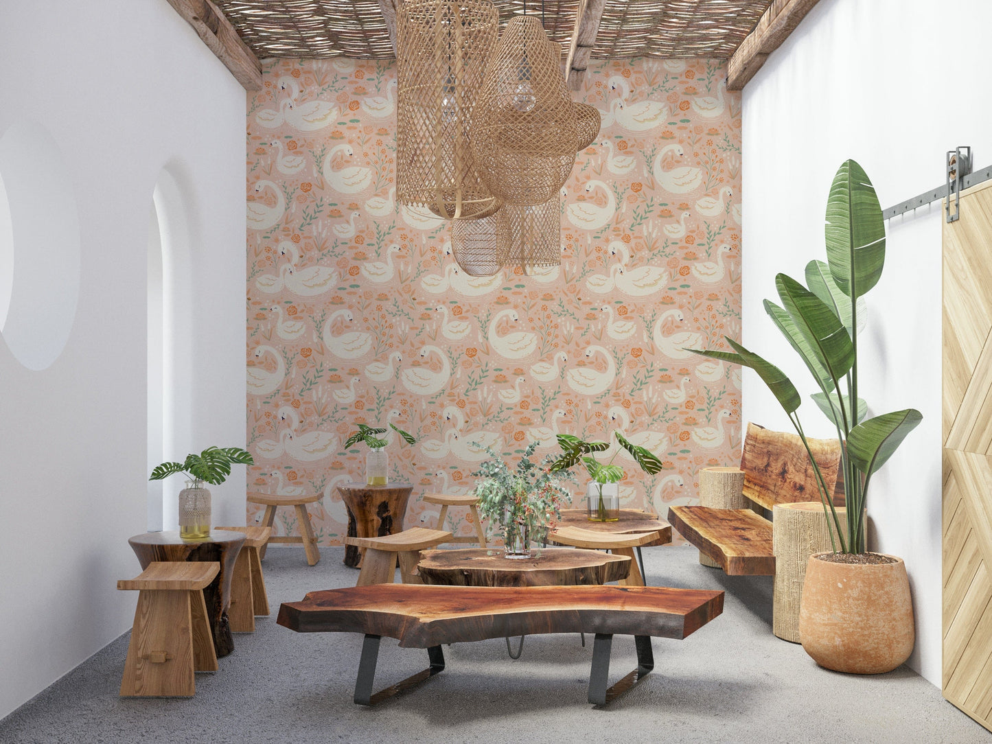 Floral and swan illustration creating a magical, peaceful lakeside atmosphere.