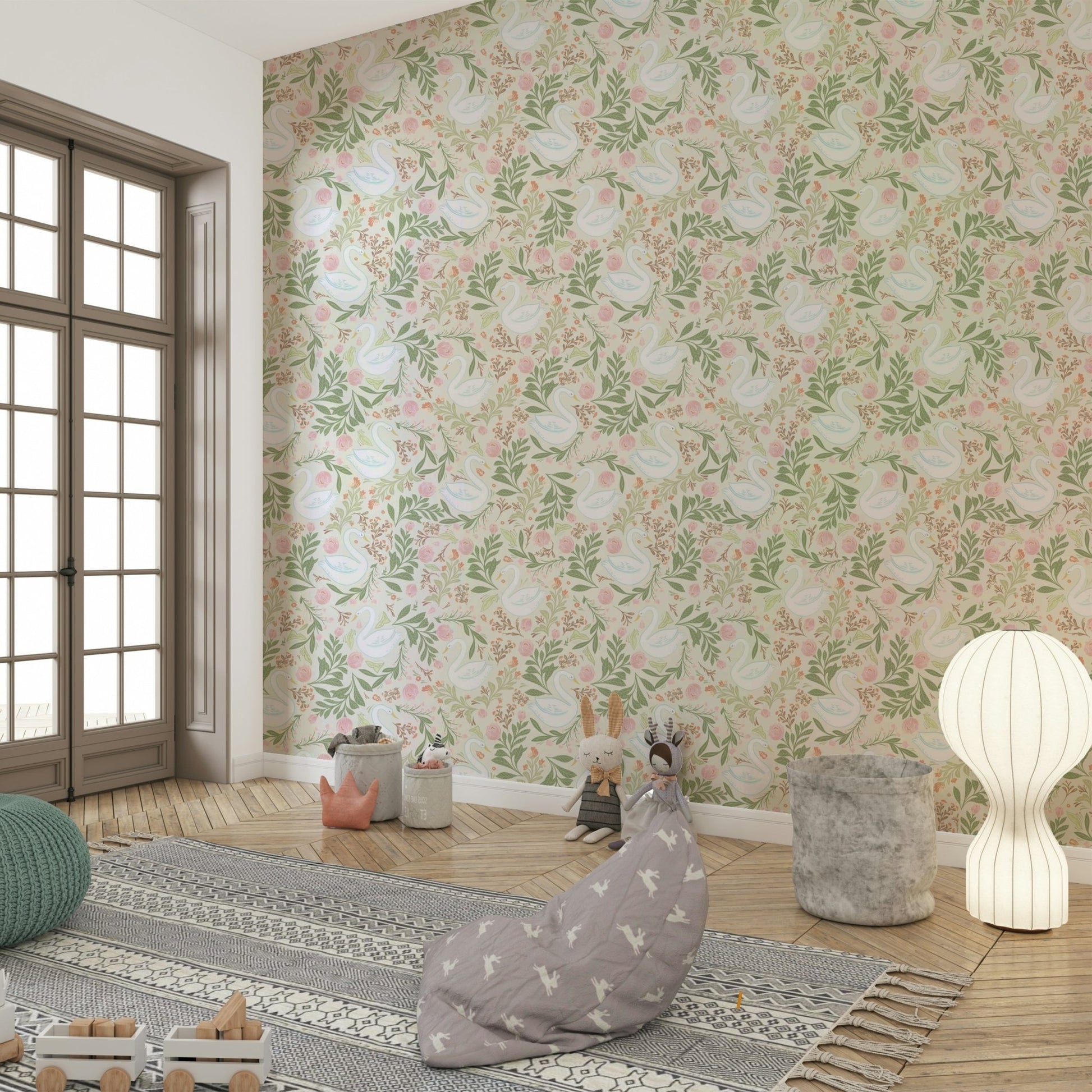 A wall mural of a peaceful swan pattern.

