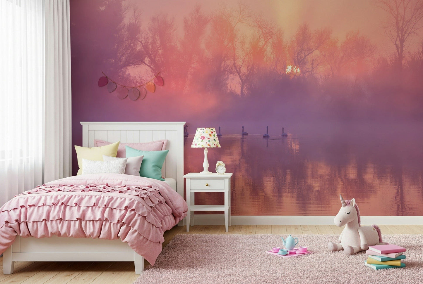 Swan Lake Sunrise wall covering evoking serenity, elegance, and natural beauty.