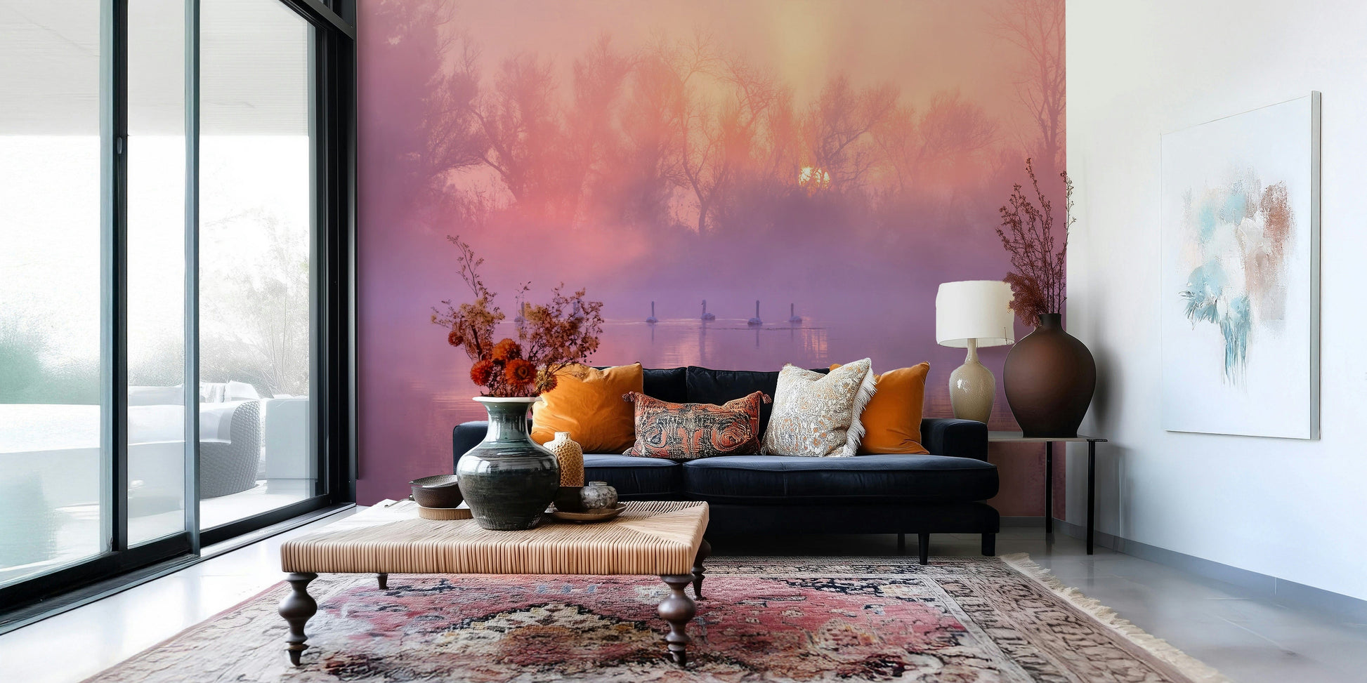Wall mural featuring swans on a lake with pastel sunrise skies.
