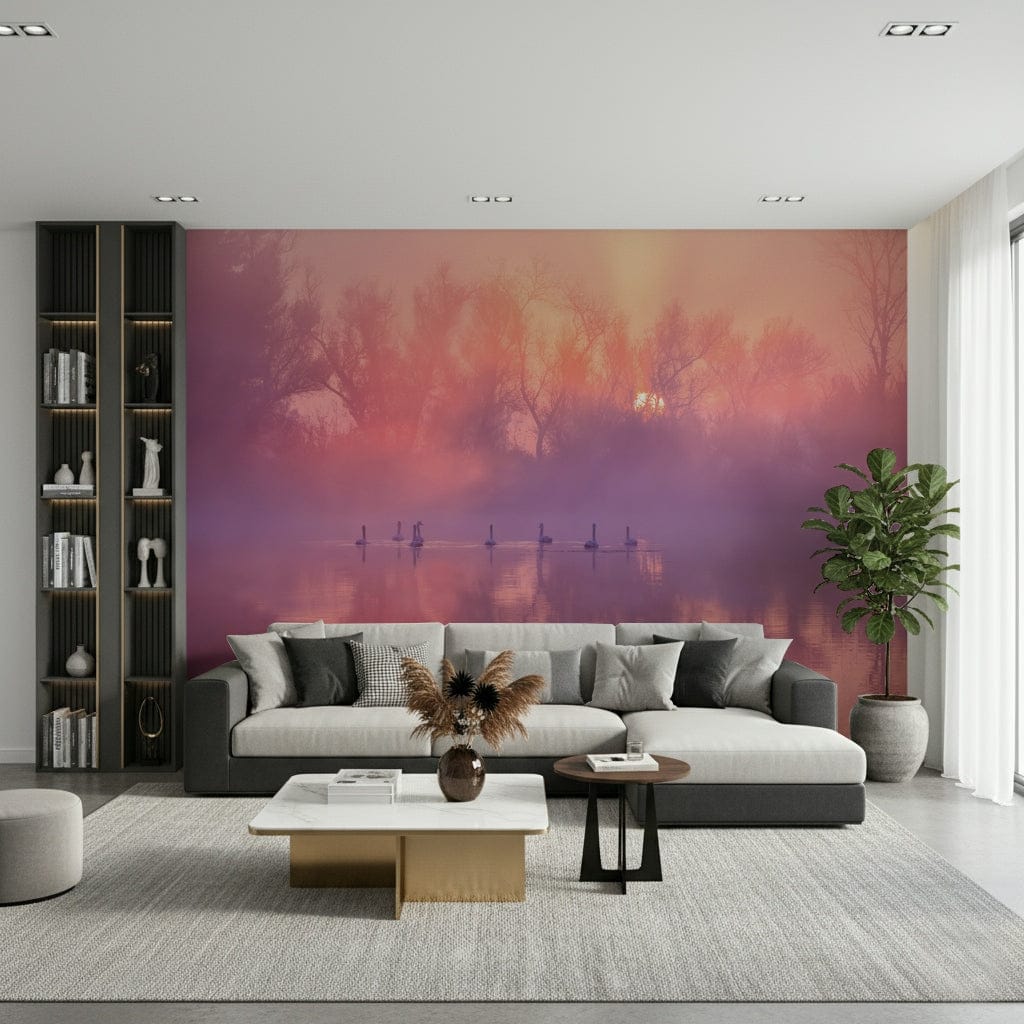 Swan Lake Sunrise Wall Mural featuring graceful swans on a calm lake at sunrise.