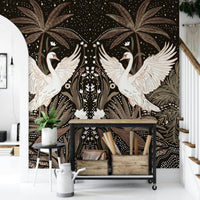 Ethereal birds illustration Swan Nightfall Serenity wall covering art.