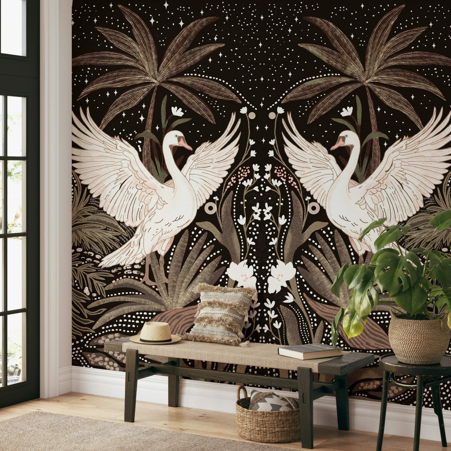 Enchanted woodland Swan Nightfall Serenity accent background.