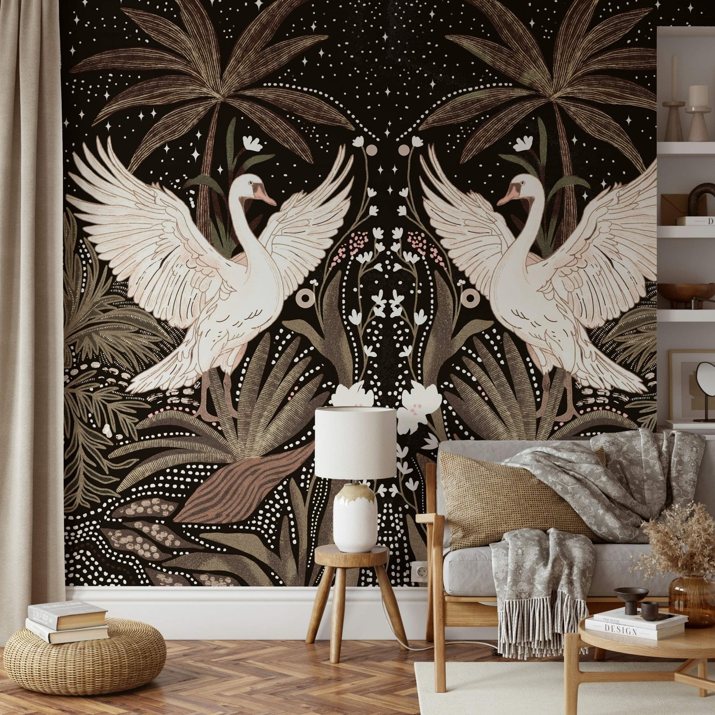 Night scene palms Swan Nightfall Serenity peel stick wallpaper.