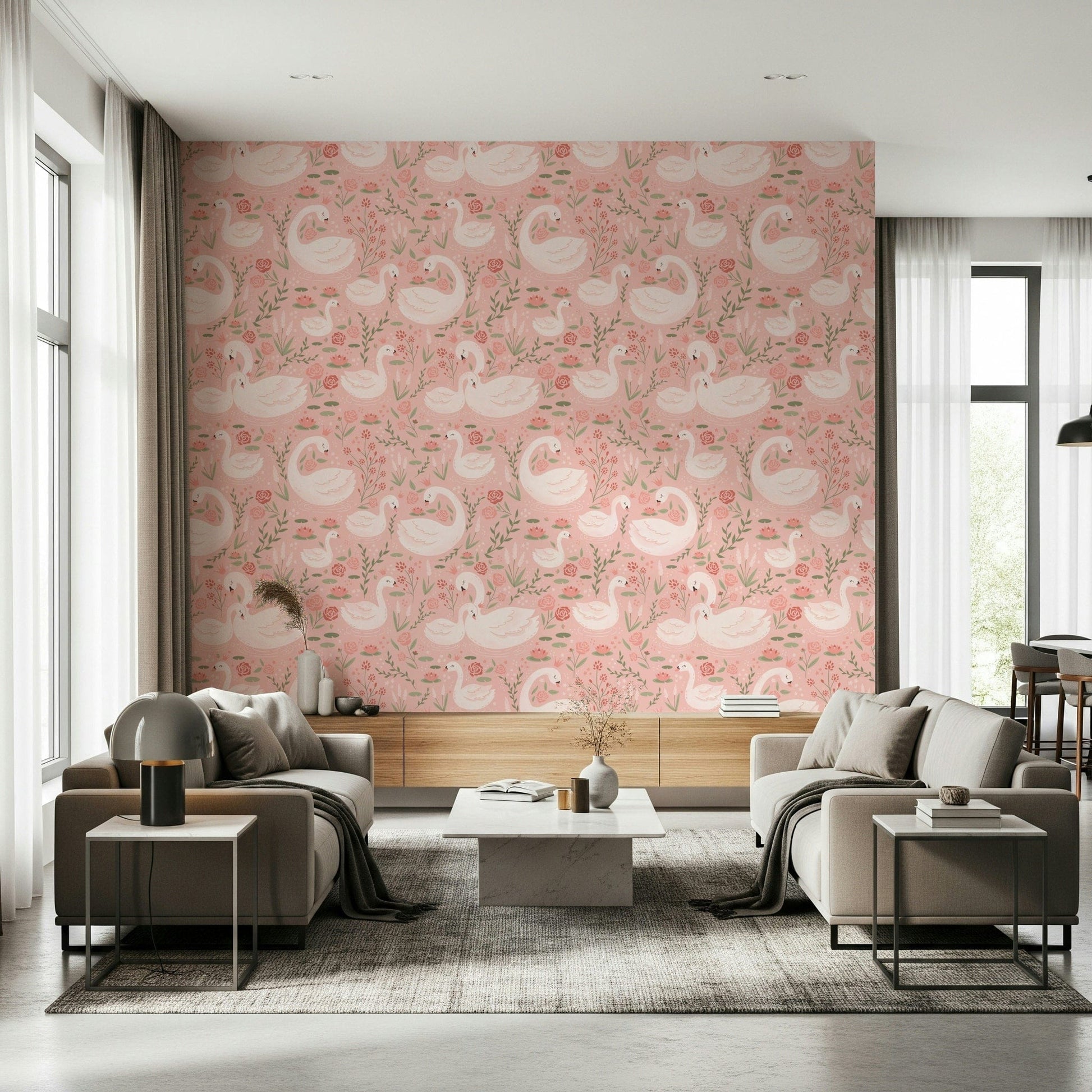 Dreamy wallpaper with white swans set against gentle rosy tones.