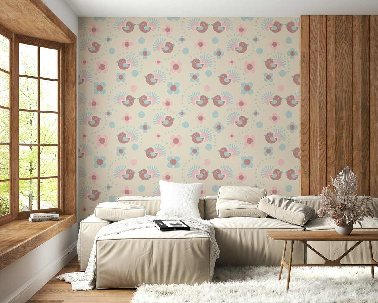 A repeating pattern of sweet birds and delicate blooms in pastel pink, blue, and green on a Bird Wallpaper.
