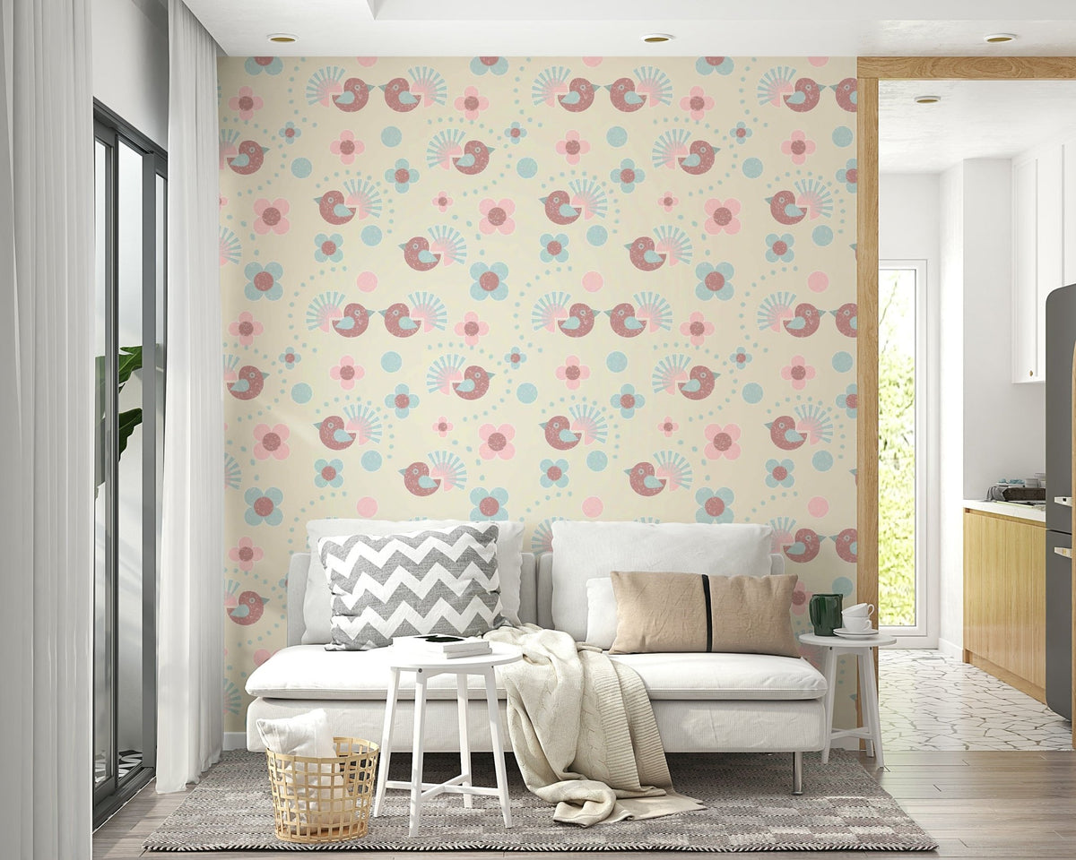 A Pastel Wallpaper ideal for a child's room, with a harmonious pattern of sweet birdies and blooms.