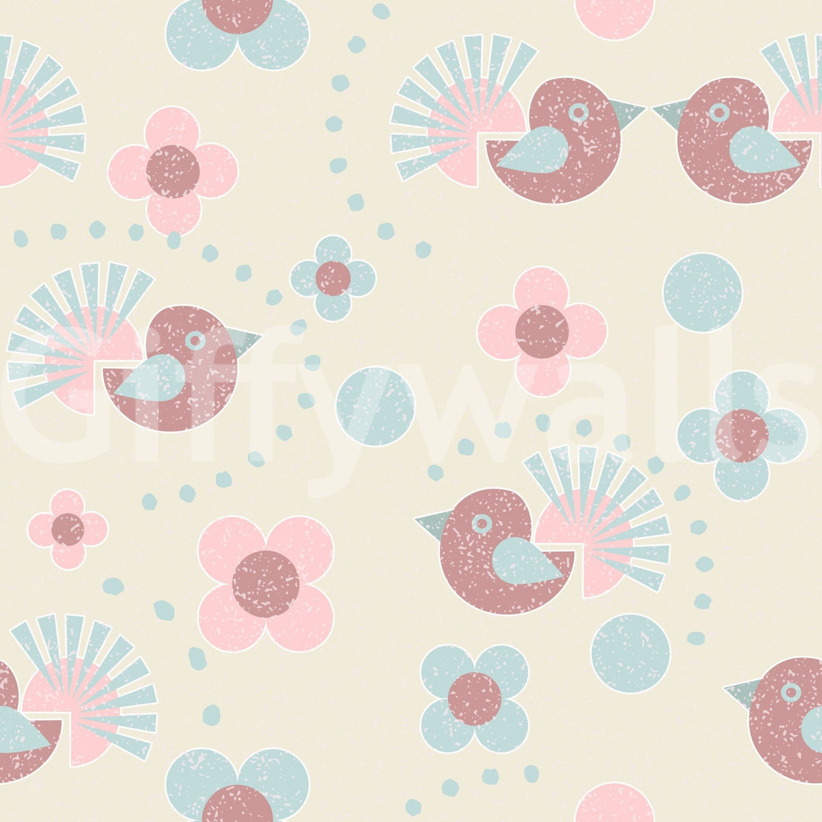 Sweet Birdies and Blooms in pasteltones wallpaper close-up showing the pattern detail of mauve birds and pastel flowers on cream