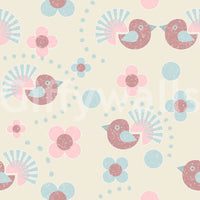 Sweet Birdies and Blooms in pasteltones wallpaper close-up showing the pattern detail of mauve birds and pastel flowers on cream