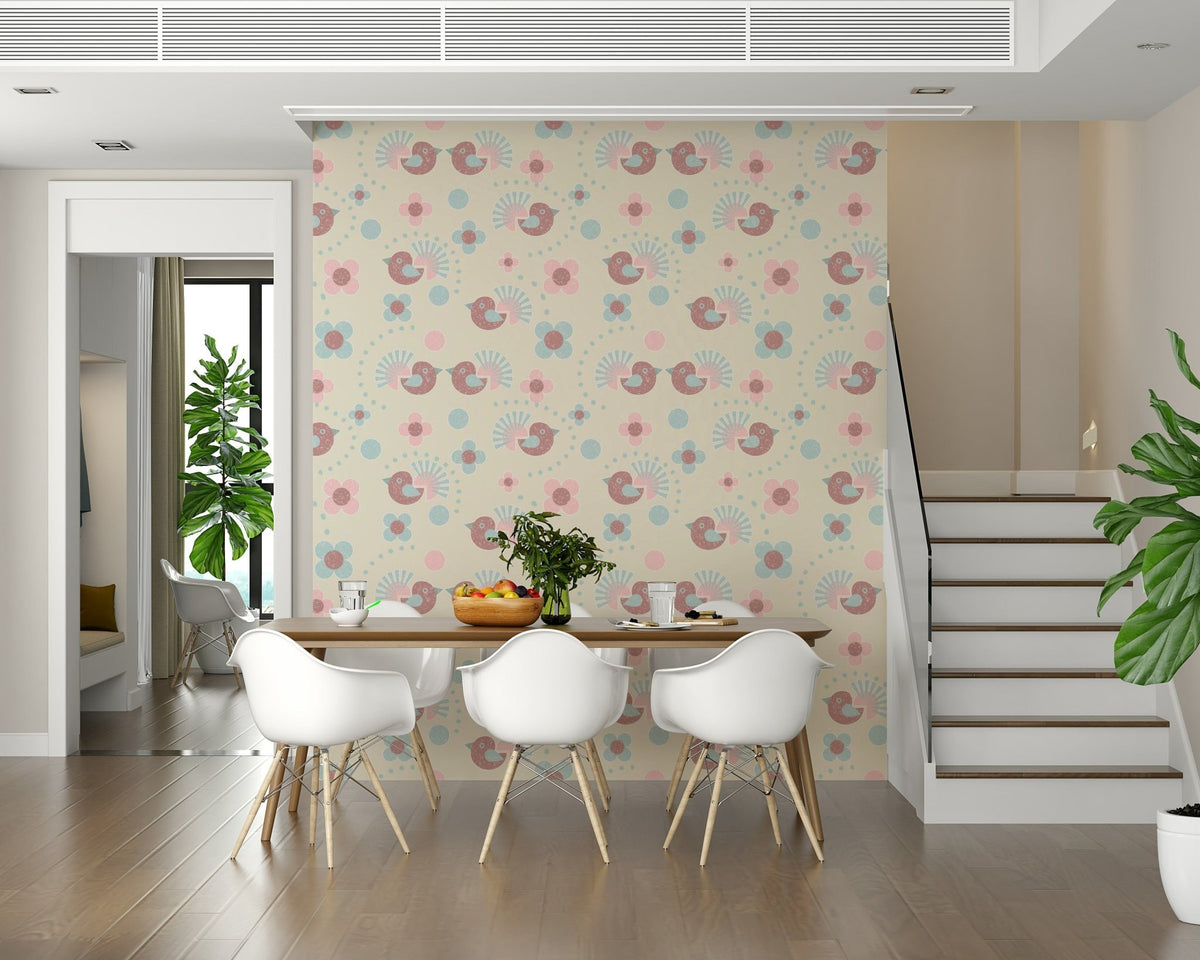 A soft and charming Kids Wallpaper featuring a repeating pattern of sweet birdies and floral blooms in pasteltones.