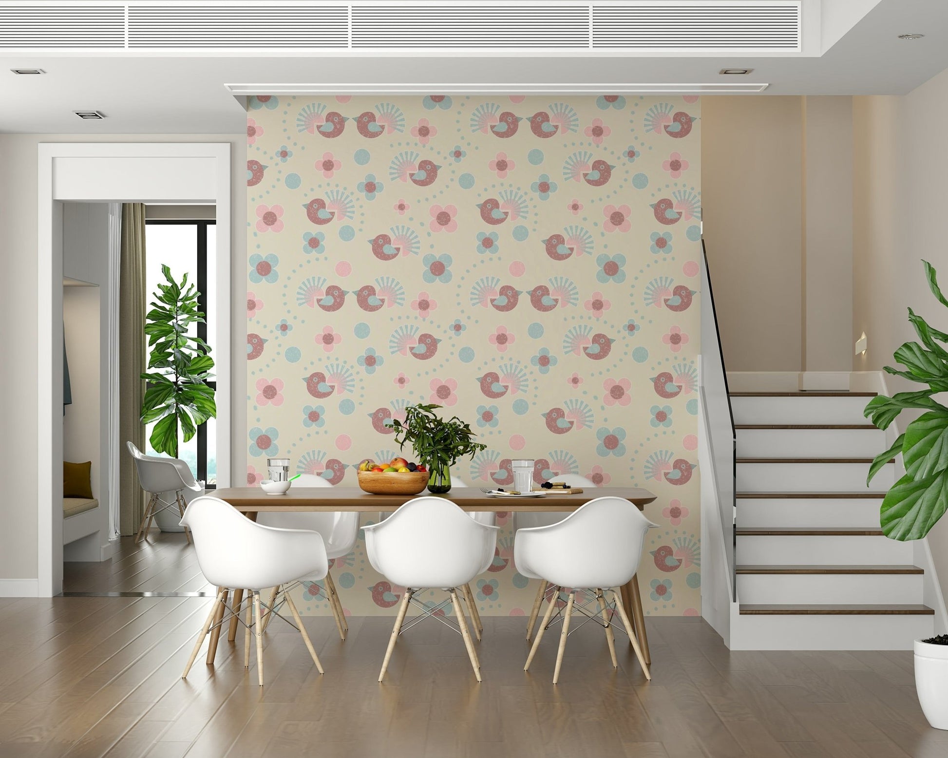 A soft and charming Kids Wallpaper featuring a repeating pattern of sweet birdies and floral blooms in pasteltones.