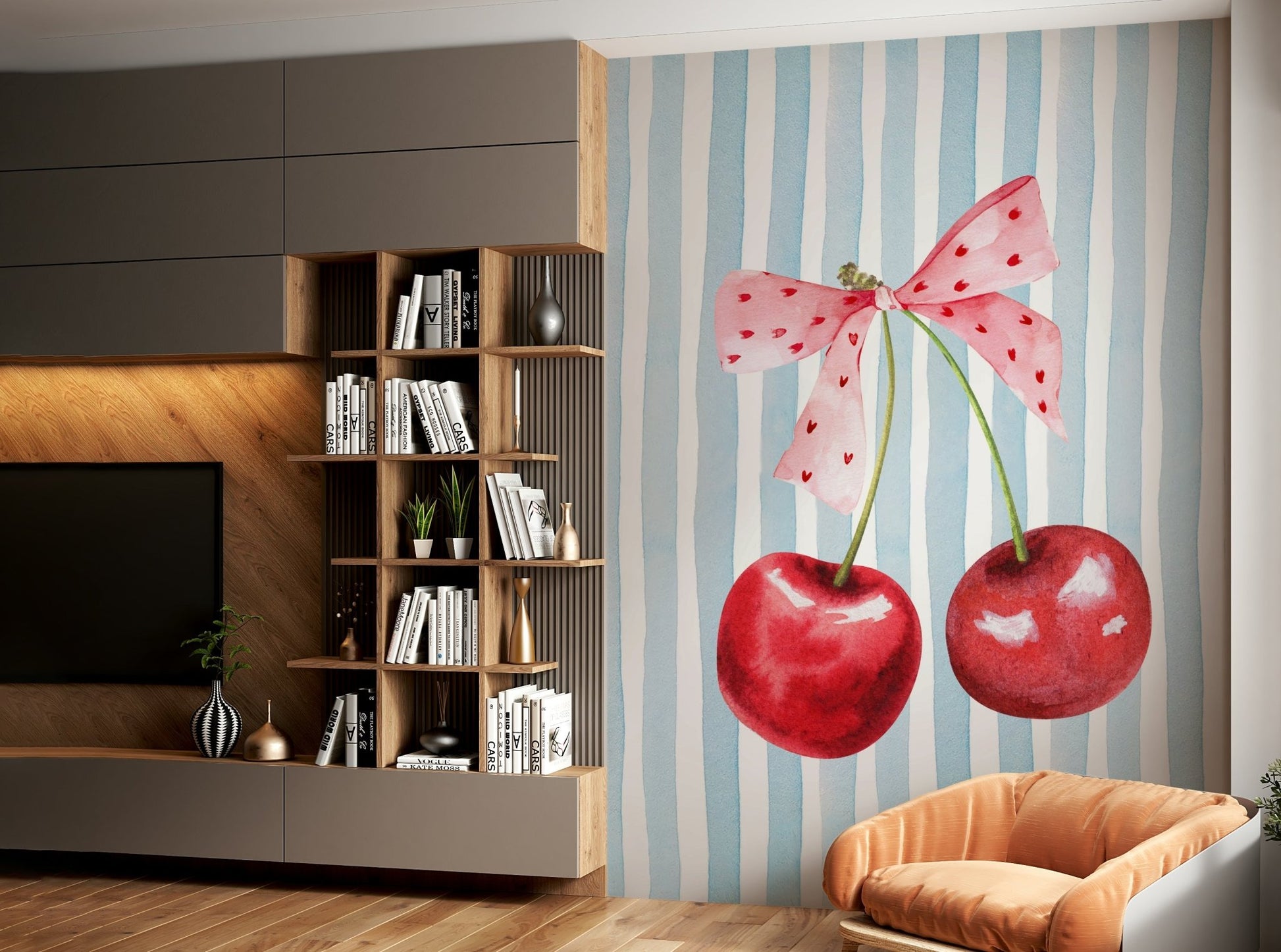 Sweet cherry stripes wall mural with refreshing colors

