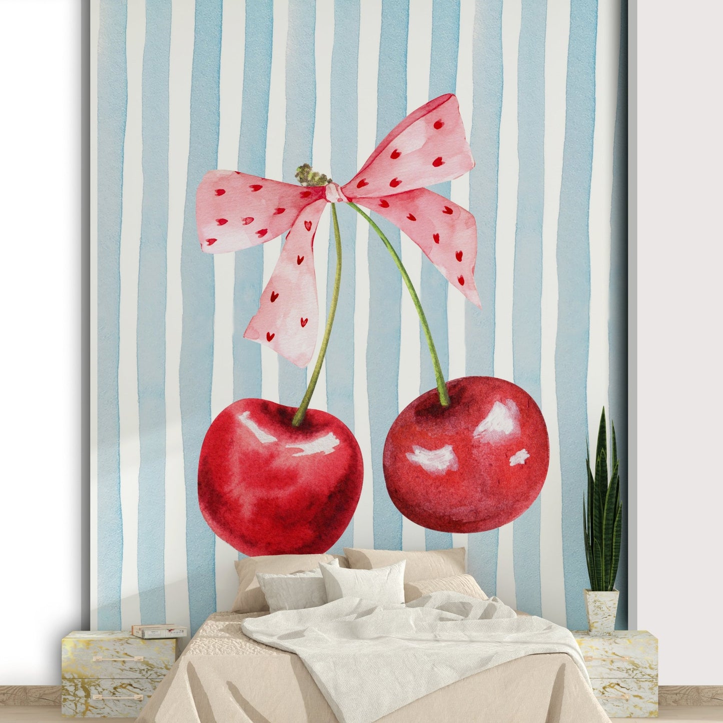 Sweet cherry stripes mural with vibrant red and green tones

