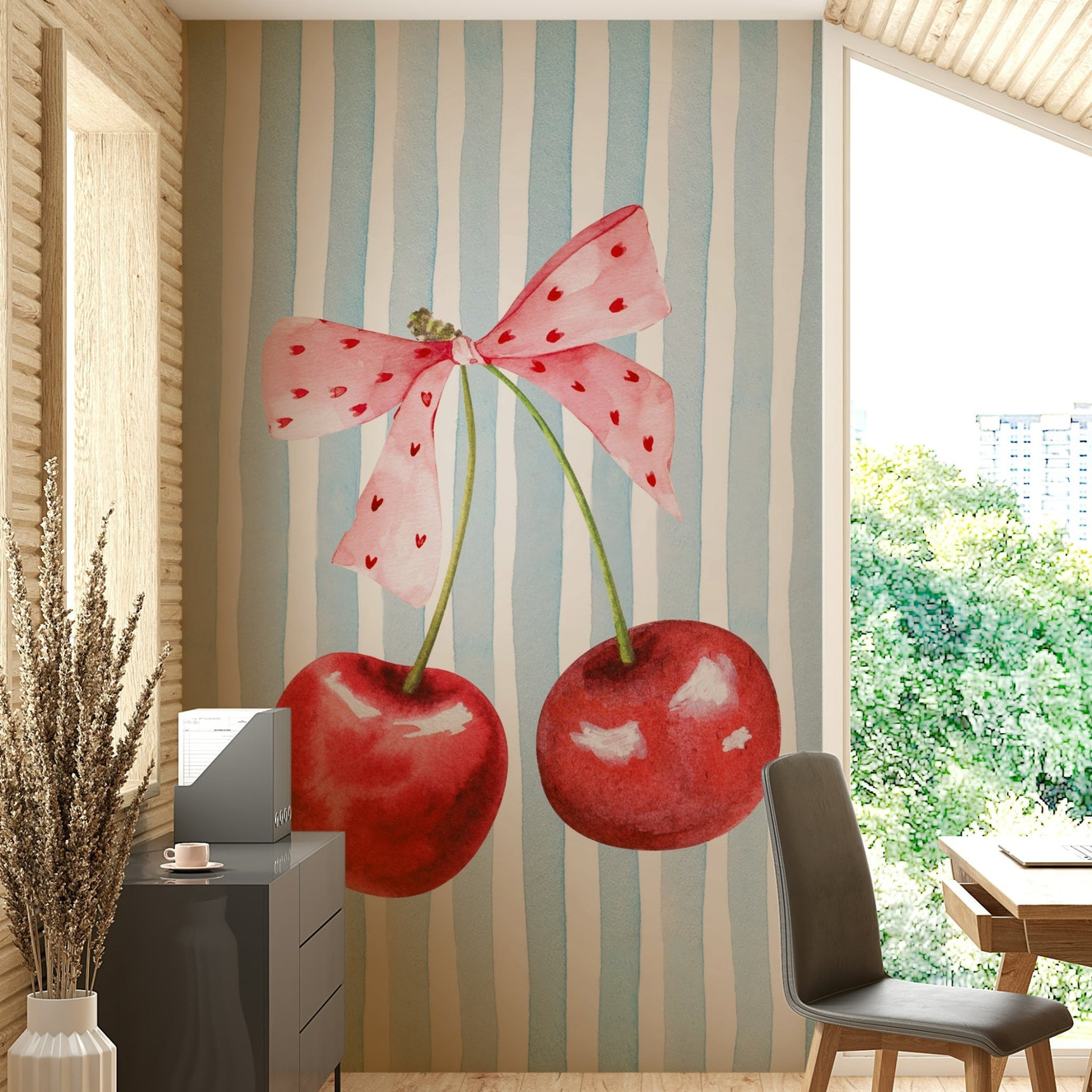 Sweet cherry stripes wall mural with vibrant red hues

