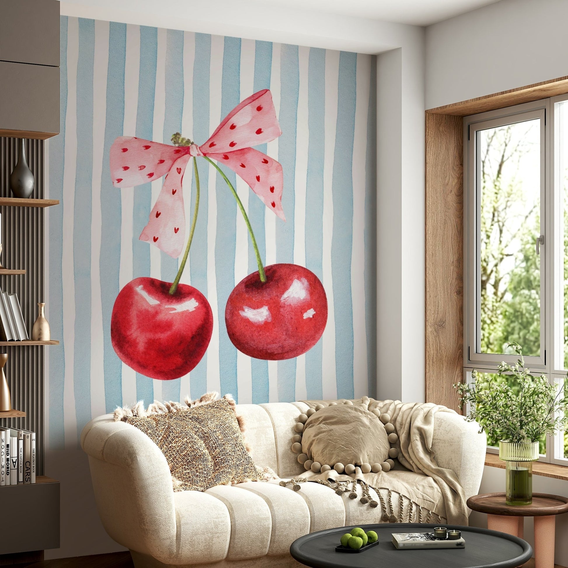 Bold sweet cherry stripes wall mural for cheerful decor

