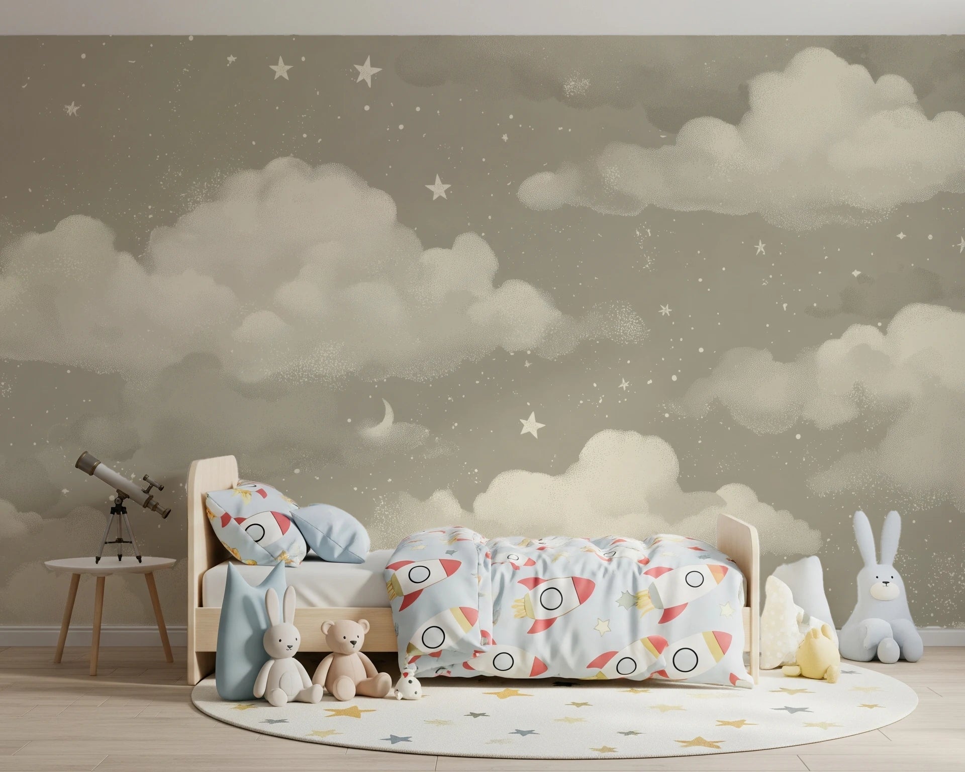 Sweet Dreams Natural wallpaper mural of greige clouds and stars in a kids room with a wooden bed and telescope