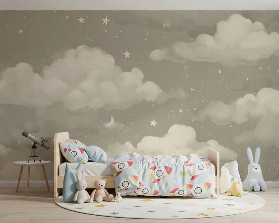Sweet Dreams Natural wallpaper mural of greige clouds and stars in a kids room with a wooden bed and telescope