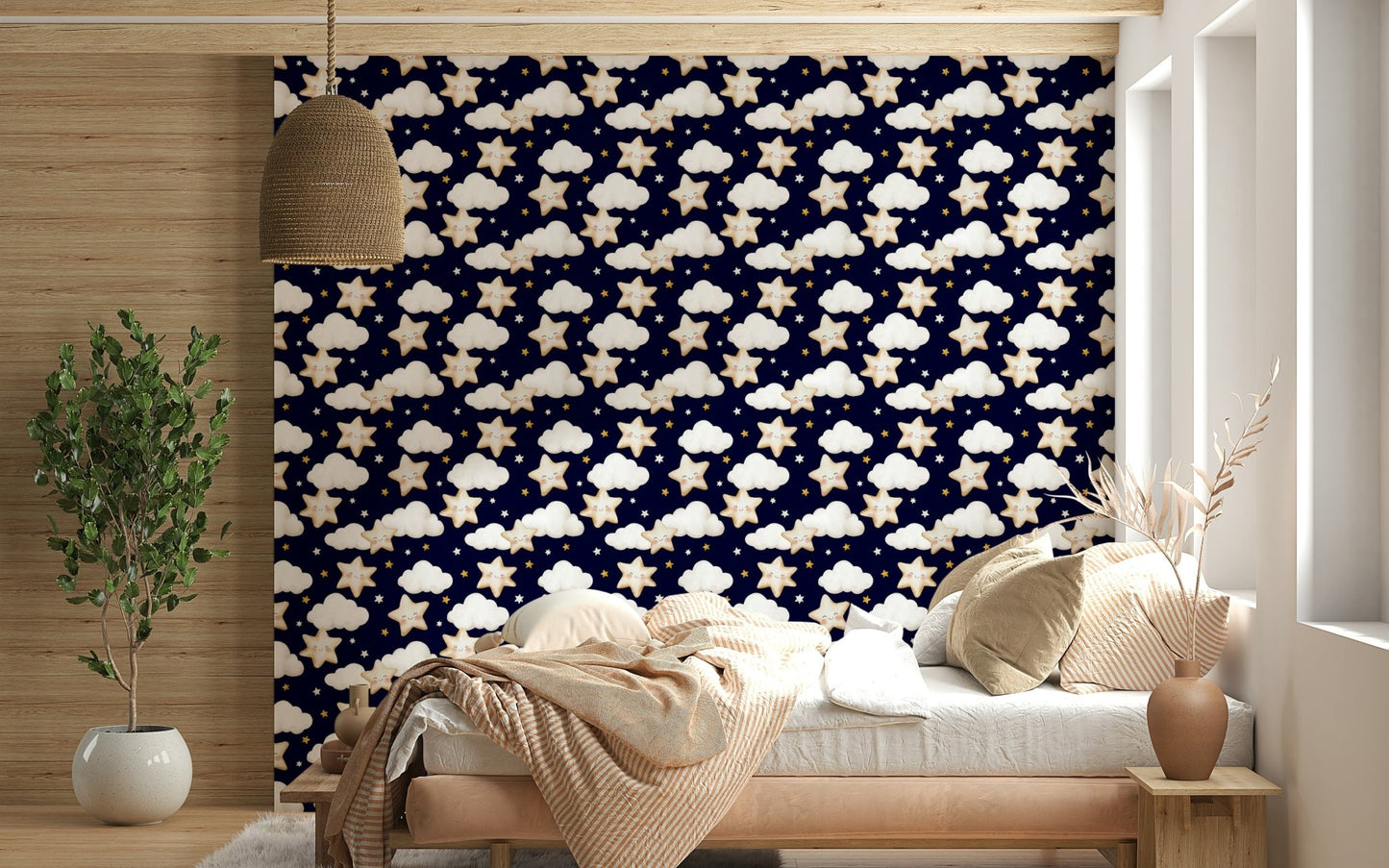 Sweet cartoon stars and clouds floating across a deep blue background create a gentle night wallpaper.