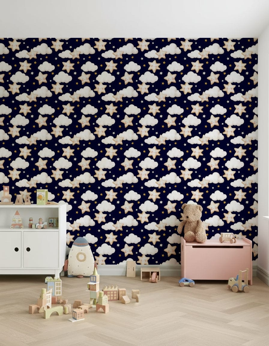 A dreamy wallpaper featuring soft white clouds and smiling star characters against a deep navy sky.