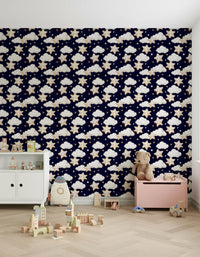 A dreamy wallpaper featuring soft white clouds and smiling star characters against a deep navy sky.