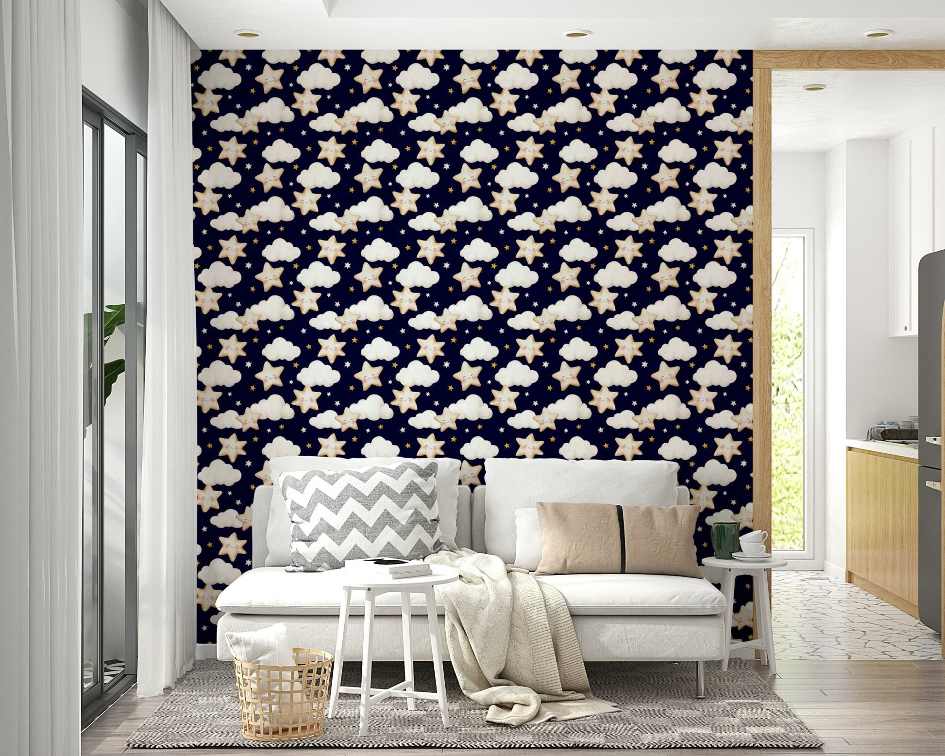 A playful starry sky wallpaper featuring warm-toned stars and white clouds on a dark backdrop.