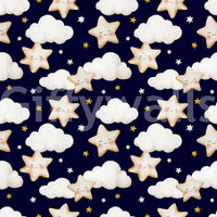 Starry sky wallpaper featuring small twinkling accents and fluffy clouds arranged in a sweet pattern.
