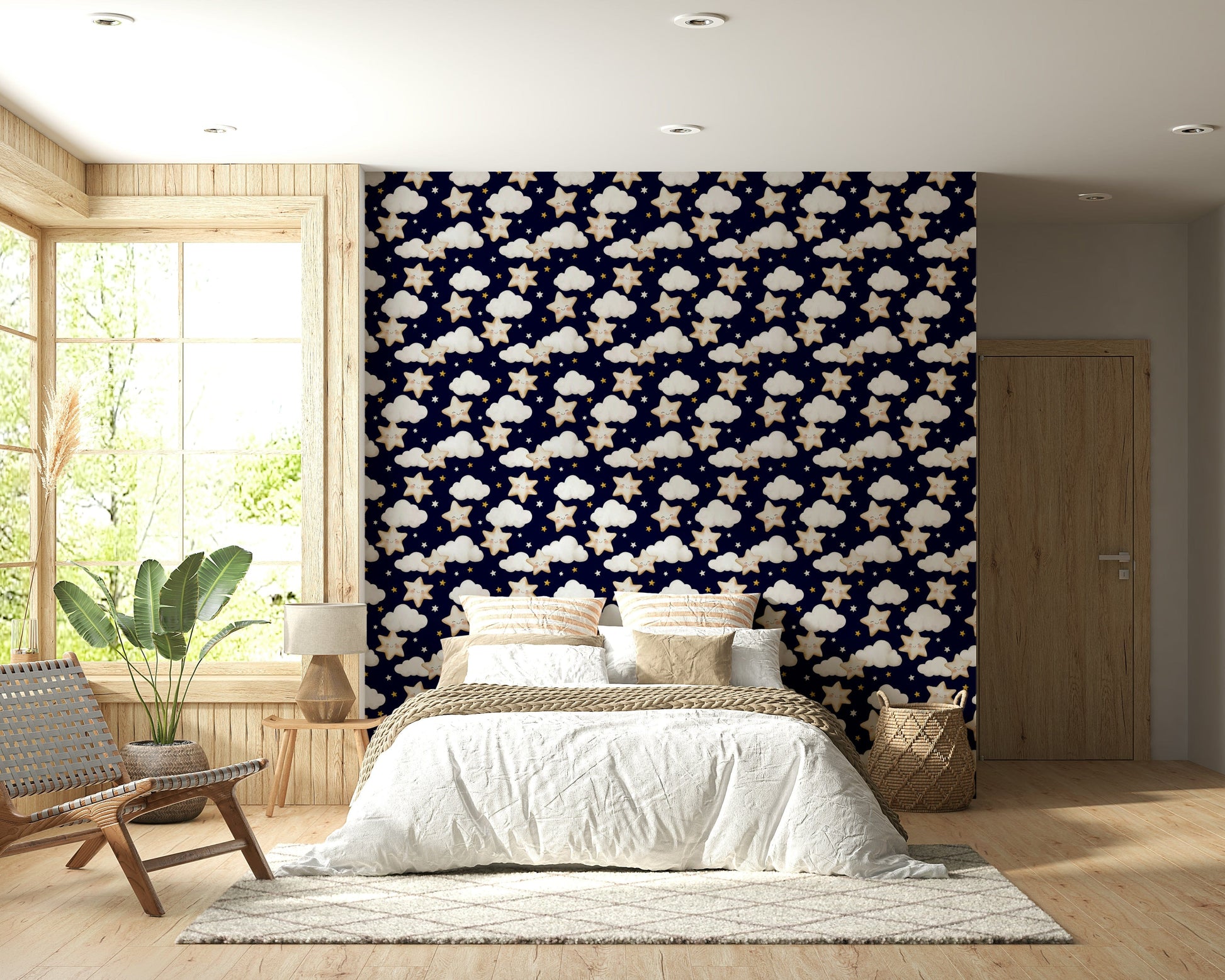 A navy wallpaper with repeating adorable stars and clouds creating a magical bedtime feel.