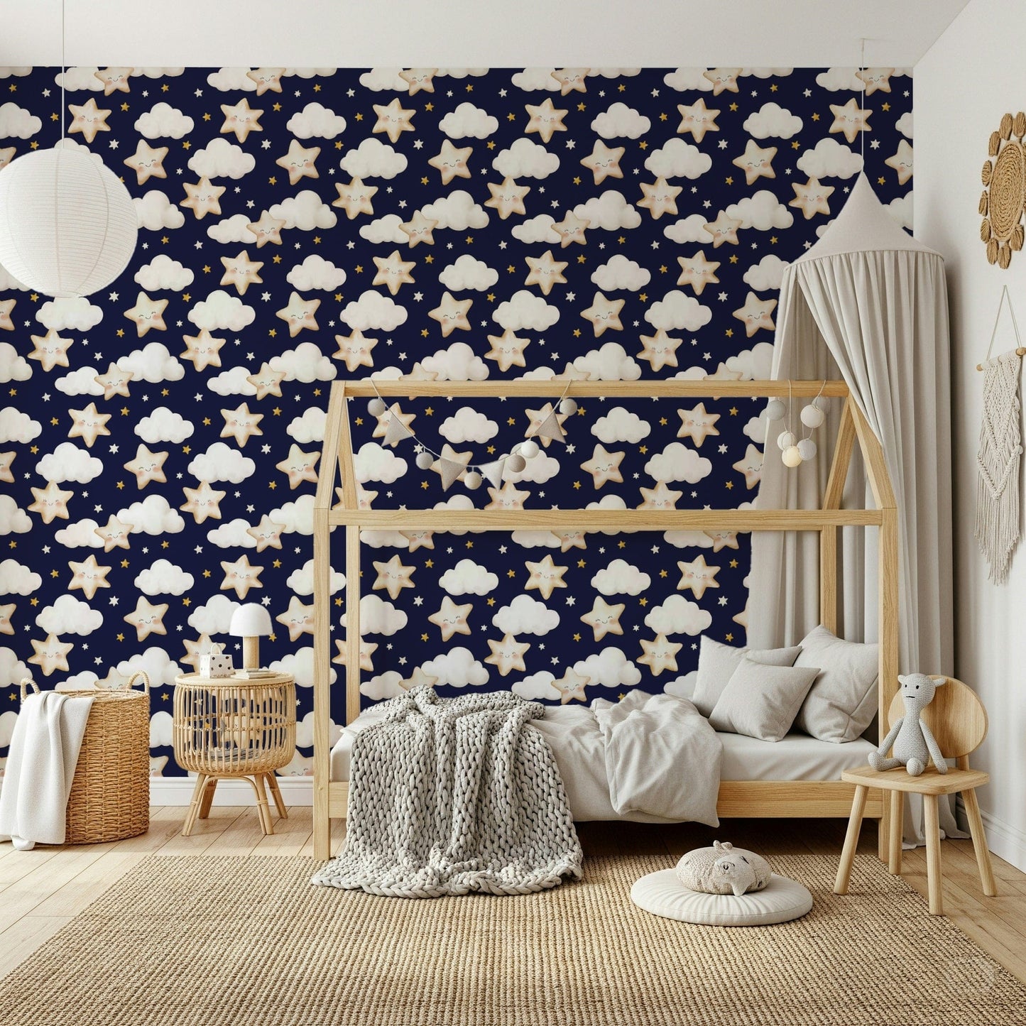 A nursery-friendly wallpaper with cute dreamy stars, tiny sparkles, and floating puffy clouds.