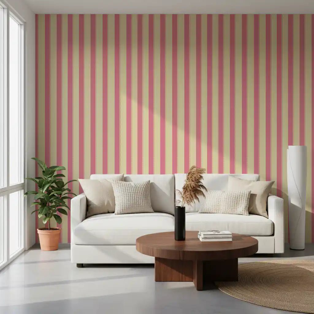 Sweet Stripes Wallpaper in soft pastel pink and white for living room