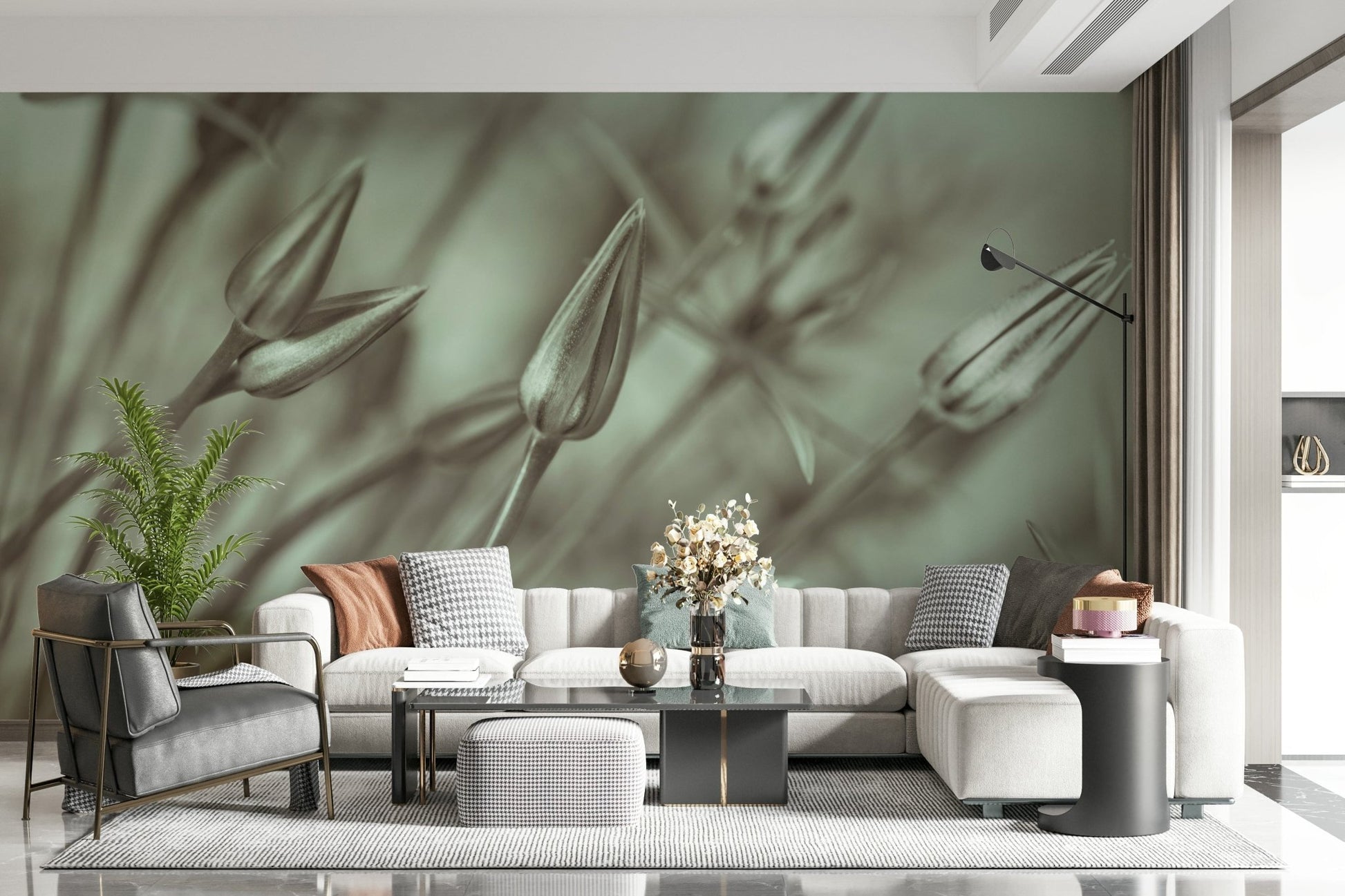 Modern living room featuring muted green floral pattern