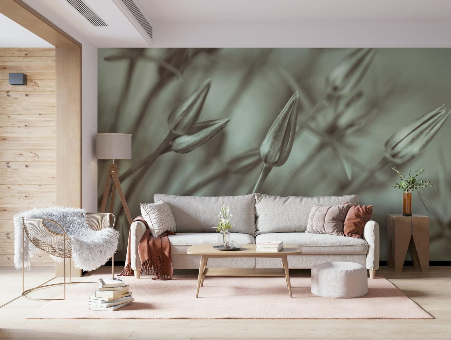 Bright living room with subtle green allium mural style