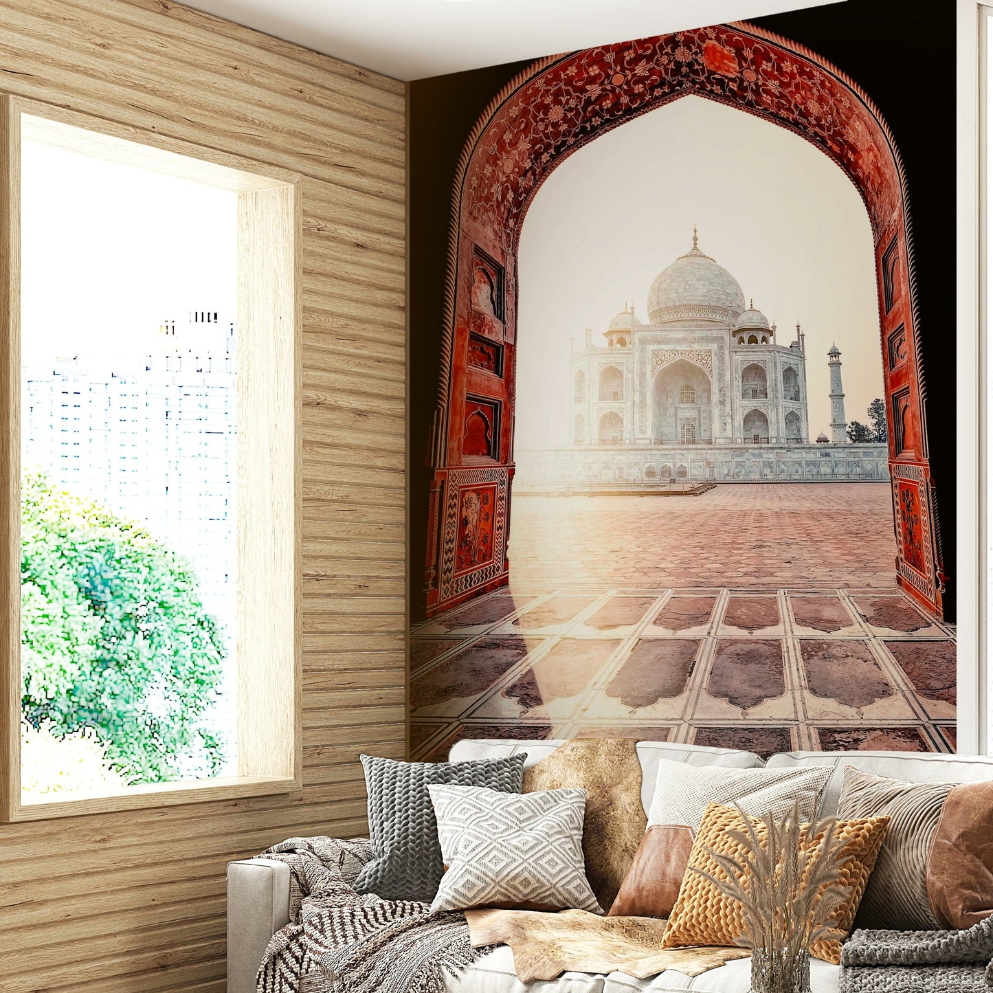 A peaceful marble building mural on decorative wallpaper.

