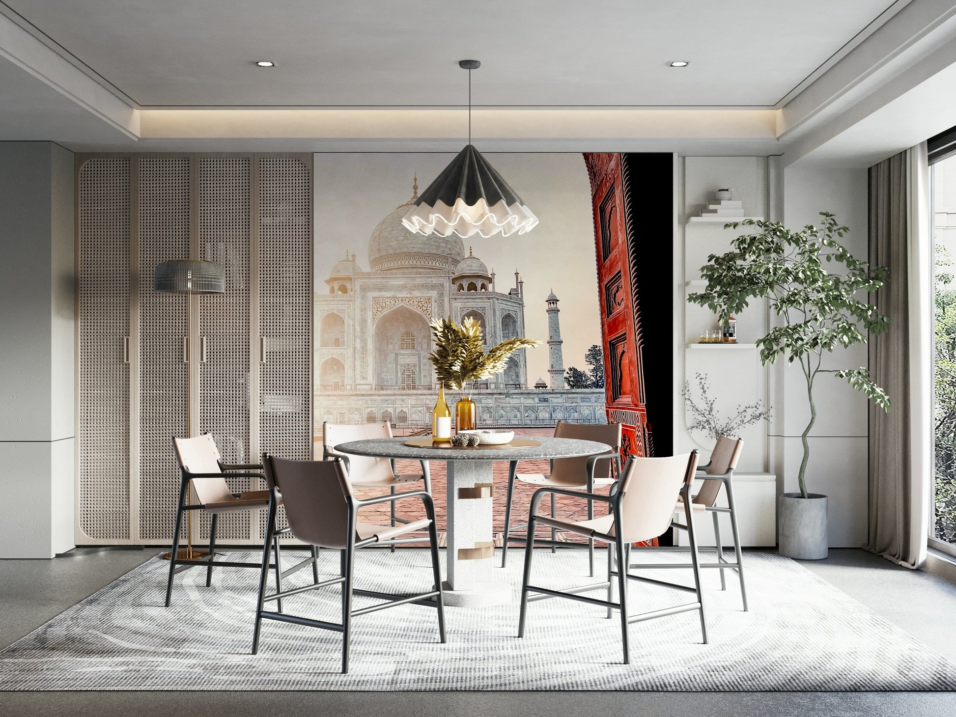 A graceful subtle architecture wall mural in cool, natural tones.

