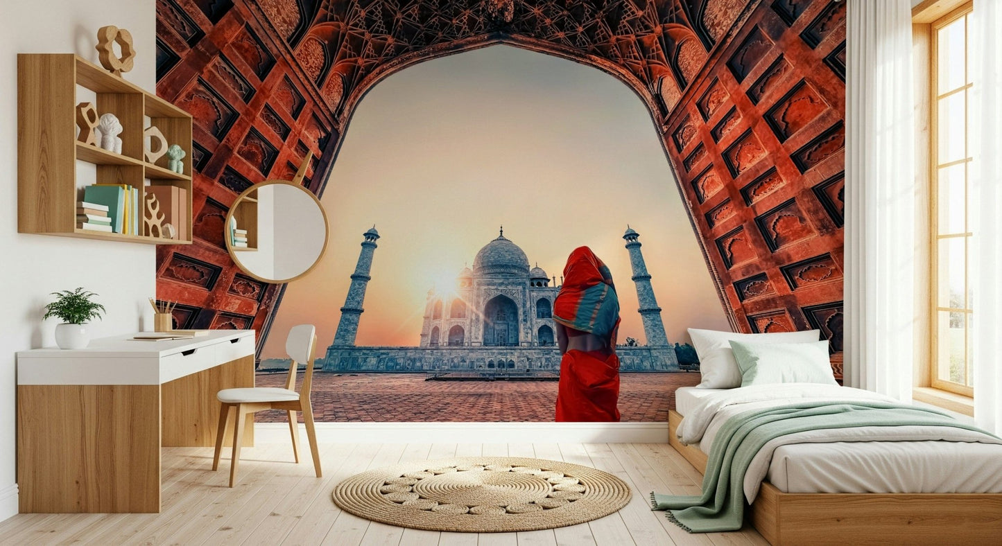 Sunrise over Taj Mahal at sunset wallpaper for walls Indian monument beauty.