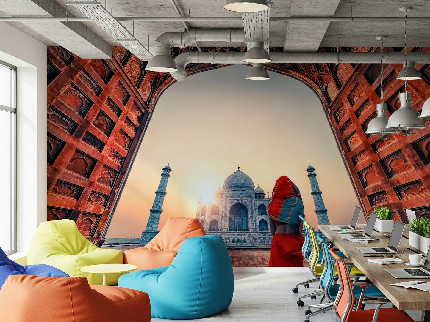 Framed view of Taj Mahal at sunset peel and stick wallpaper stunning scene.