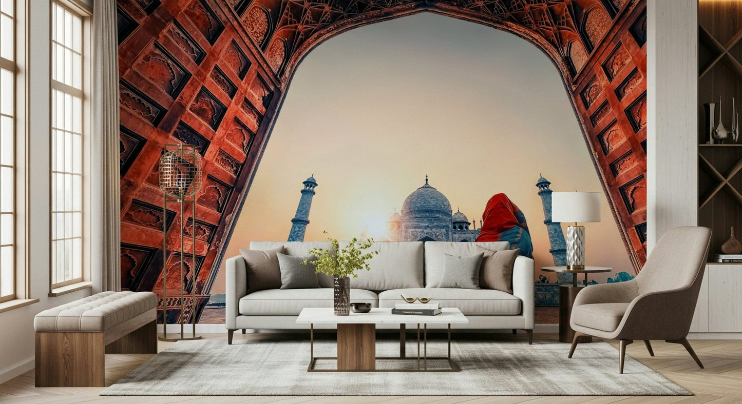 Beautiful Taj Mahal at sunset wall mural archway perspective majestic view.