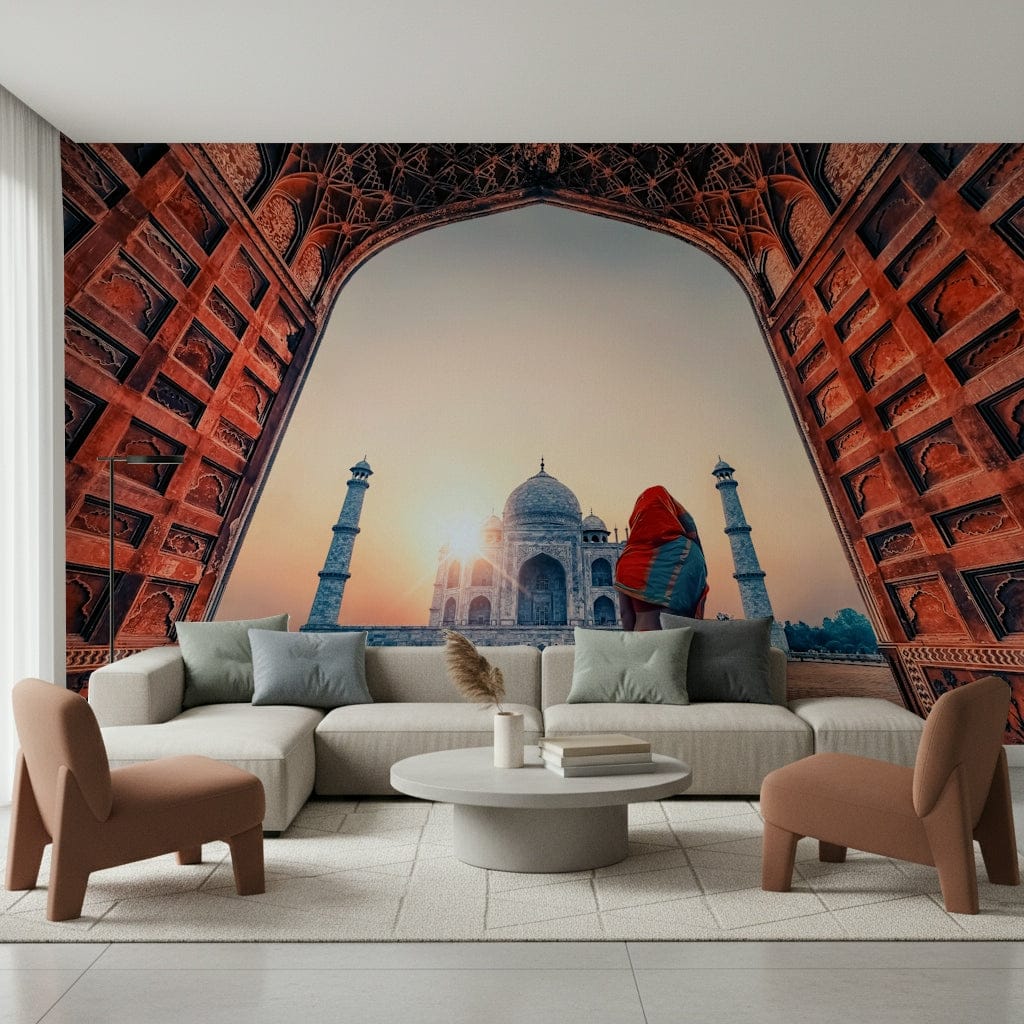 India's iconic Taj Mahal at sunset wallpaper for walls historical masterpiece.