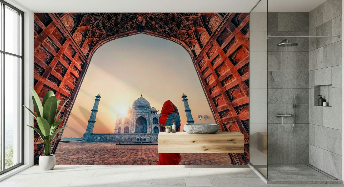 Historical Indian palace Taj Mahal at sunset wallpaper for walls romantic glow.