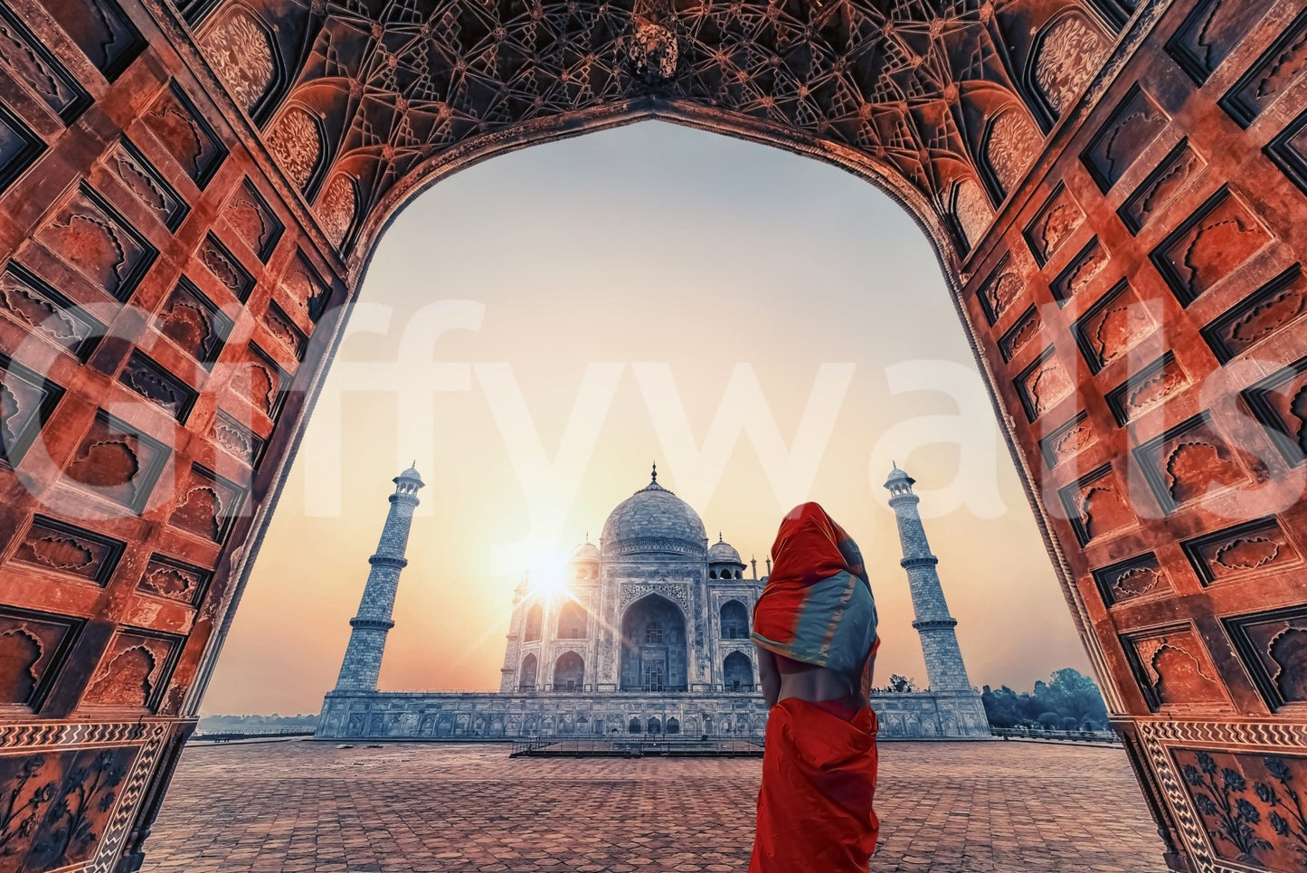 Breathtaking horizon Taj Mahal at sunset wallpaper for walls majestic structure.